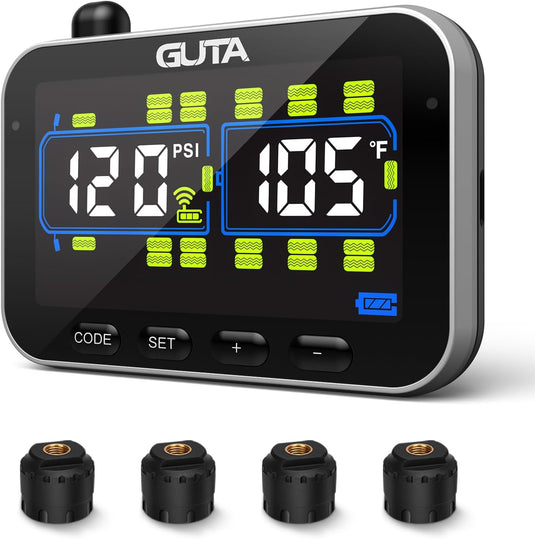GUTA RV TPMS With 8 Flow-Thru Sensors - Tire Pressure Monitor For Trailers, Trucks, 0-188 PSI, Color Screen