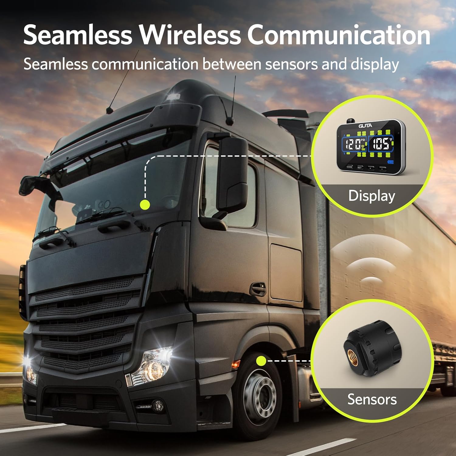 GUTA GT80 Touchscreen TPMS - Monitors Pressure & Temperature For Up To 12 Wheels (Truck, Trailer, RV)